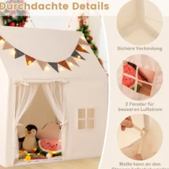 Kinderzelt für Drinnen Spielhaus Kinder Indoor mit rutschfeste Matte Spielzelt Kinderzimmer Zelt Beige