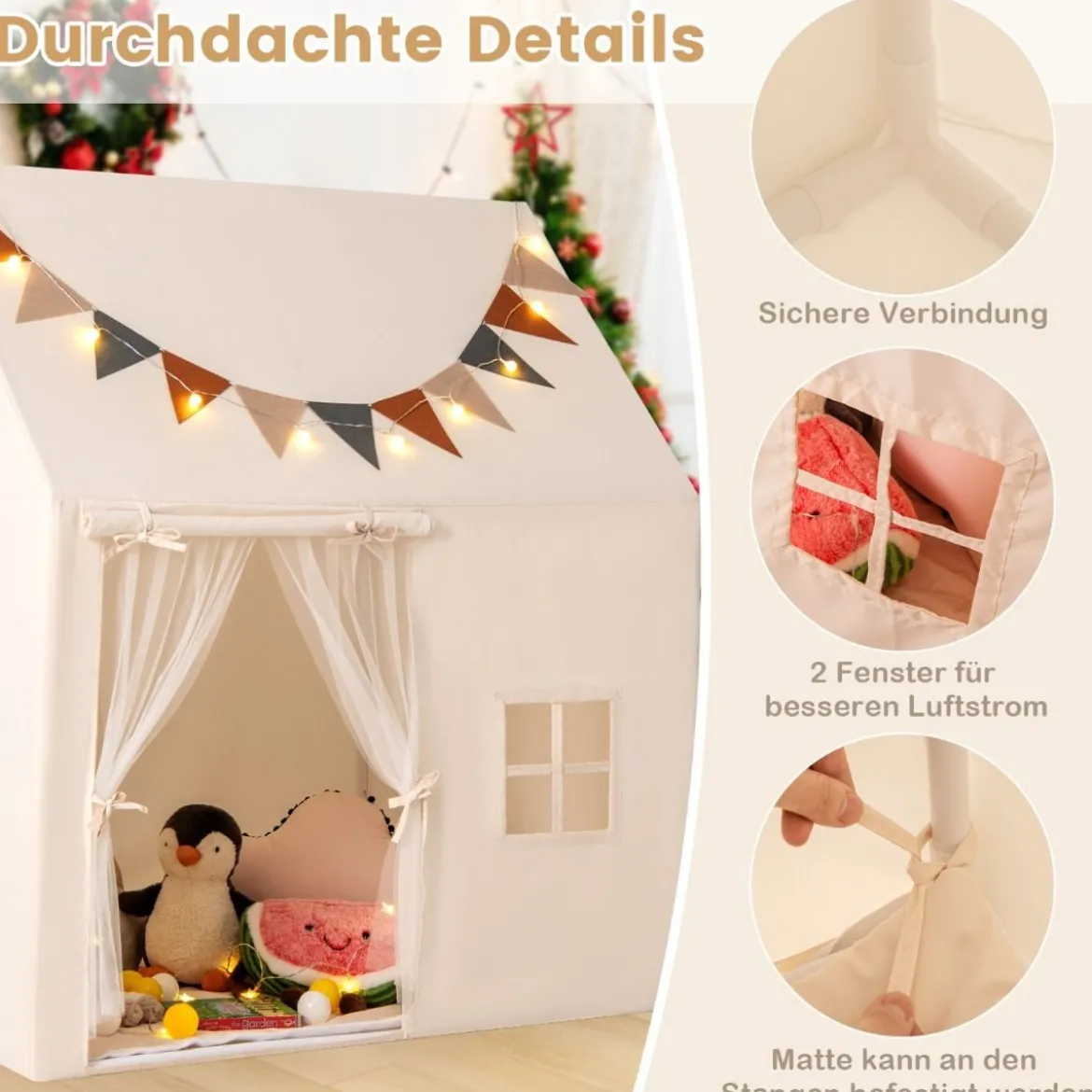 Kinderzelt für Drinnen Spielhaus Kinder Indoor mit rutschfeste Matte Spielzelt Kinderzimmer Zelt Beige