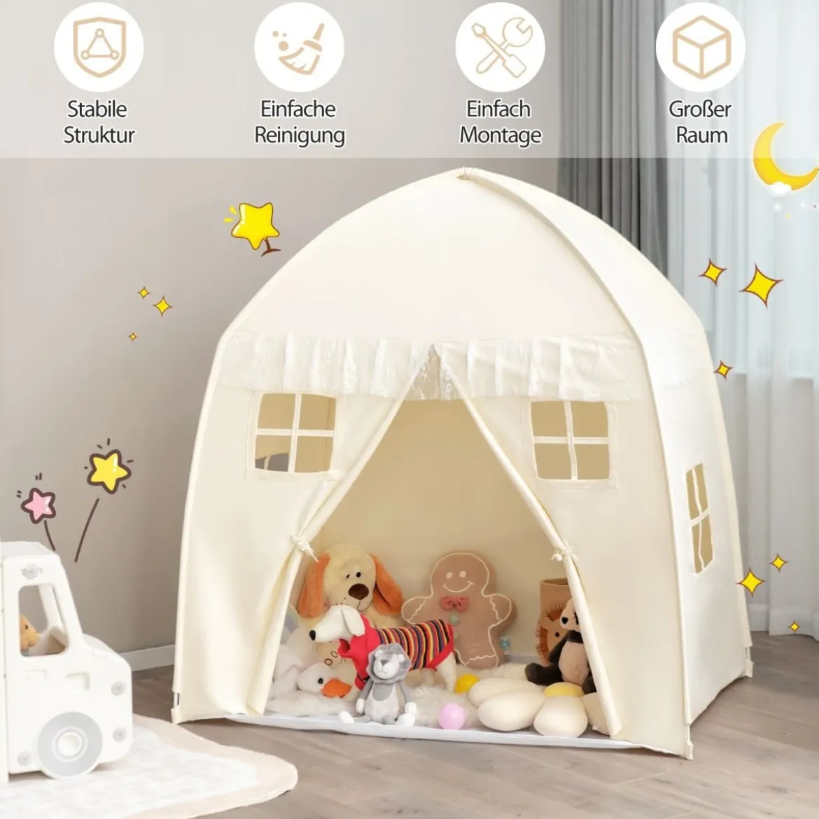 Kinderzelt Großes Prinzessinnenzelt mit Tragetasche Anti-Rutsch-Matte Reißverschluss Beige