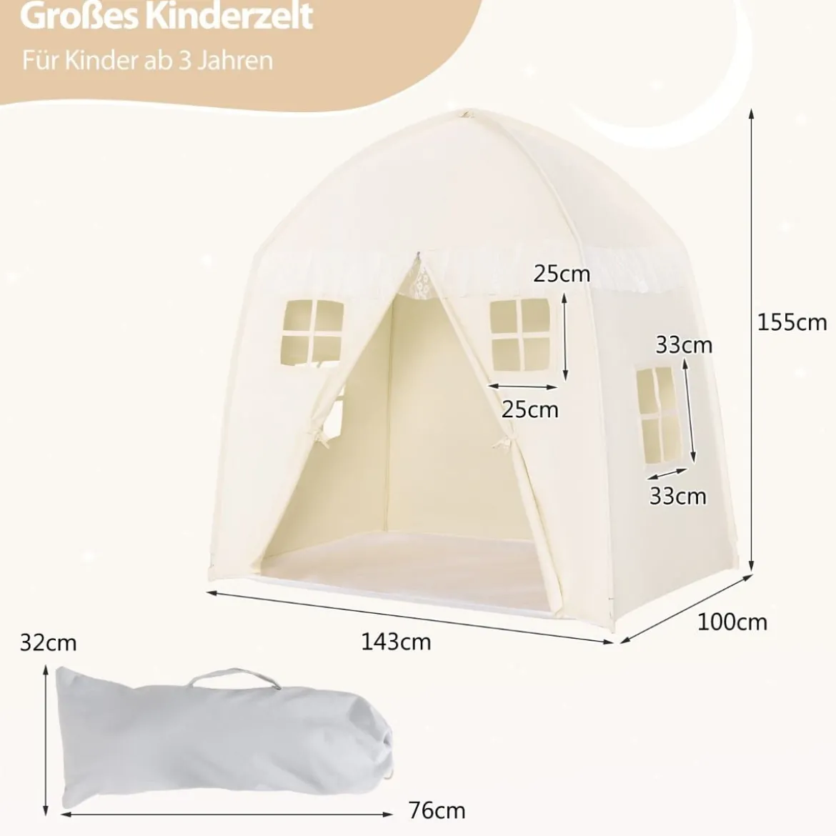 Kinderzelt Großes Prinzessinnenzelt mit Tragetasche Anti-Rutsch-Matte Reißverschluss Beige