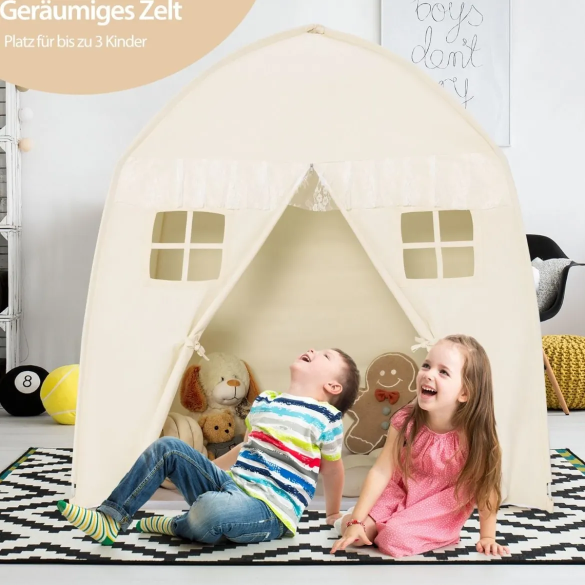 Kinderzelt Großes Prinzessinnenzelt mit Tragetasche Anti-Rutsch-Matte Reißverschluss Beige