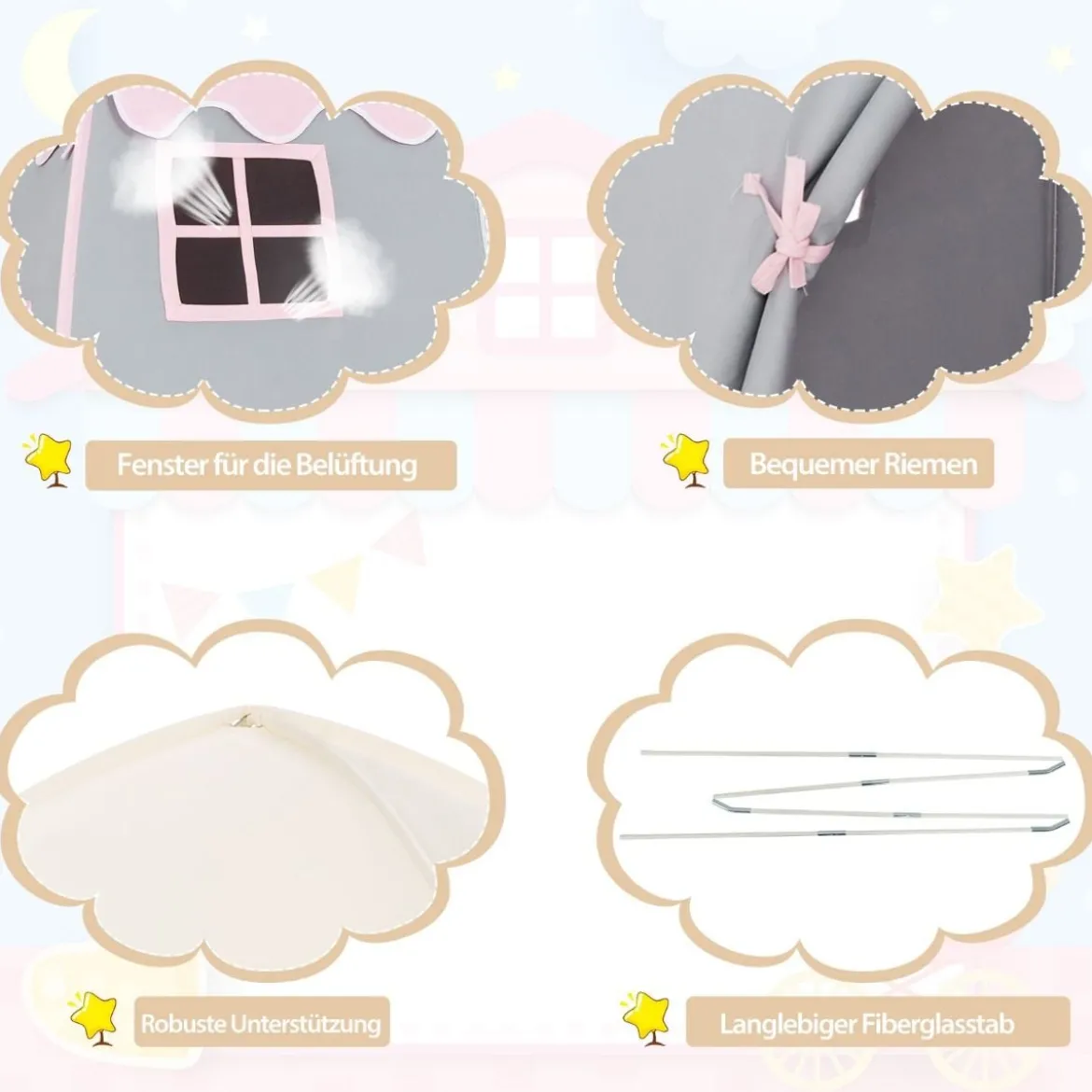 Kinderzelt Großes Prinzessinnenzelt mit Tragetasche Anti-Rutsch-Matte Reißverschluss Beige