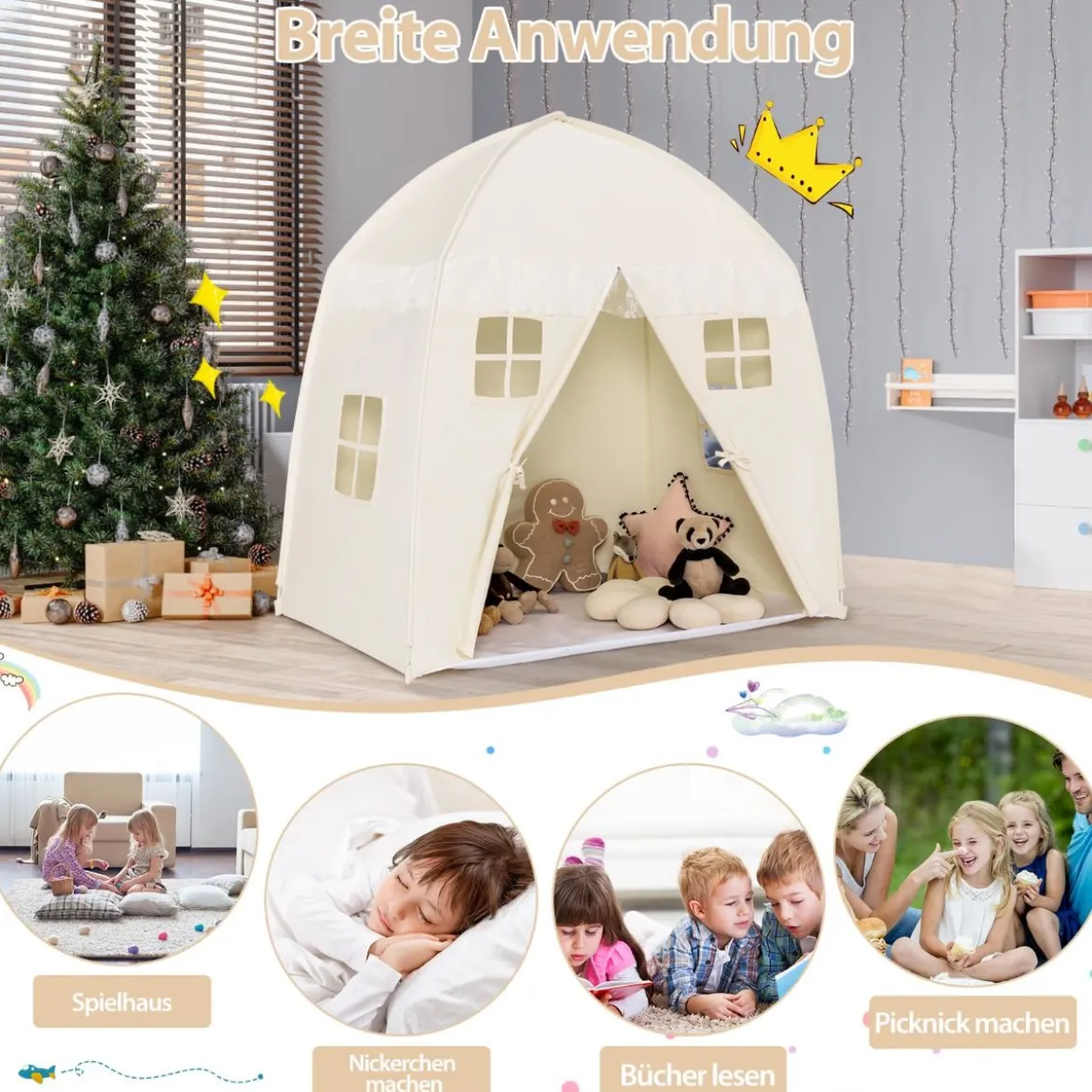 Kinderzelt Großes Prinzessinnenzelt mit Tragetasche Anti-Rutsch-Matte Reißverschluss Beige