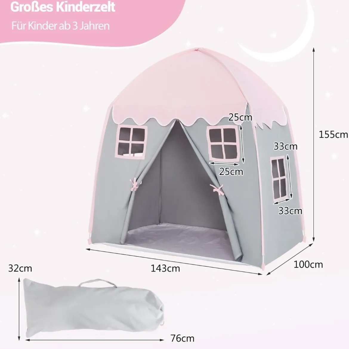 Kinderzelt Großes Prinzessinnenzelt mit Tragetasche Anti-Rutsch-Matte Reißverschluss Rosa
