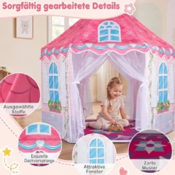 Kinderzelt im Prinzessinnenburg-Design für Kinder ab 3 jahren Spielzelt mit Vorhängen Rosa