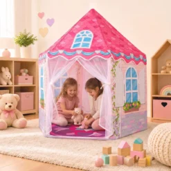 Kinderzelt im Prinzessinnenburg-Design für Kinder ab 3 jahren Spielzelt mit Vorhängen Rosa