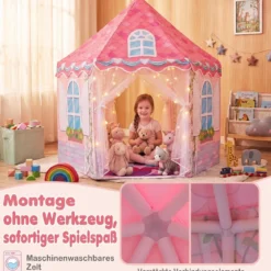 Kinderzelt im Prinzessinnenburg-Design für Kinder ab 3 jahren Spielzelt mit Vorhängen Rosa