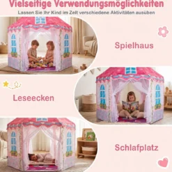 Kinderzelt im Prinzessinnenburg-Design für Kinder ab 3 jahren Spielzelt mit Vorhängen Rosa