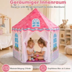 Kinderzelt im Prinzessinnenburg-Design für Kinder ab 3 jahren Spielzelt mit Vorhängen Rosa