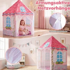 Kinderzelt im Prinzessinnenburg-Design für Kinder ab 3 jahren Spielzelt mit Vorhängen Rosa