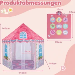 Kinderzelt im Prinzessinnenburg-Design für Kinder ab 3 jahren Spielzelt mit Vorhängen & Tanzmatte Rosa