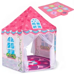 Kinderzelt im Prinzessinnenburg-Design für Kinder ab 3 jahren Spielzelt mit Vorhängen & Tanzmatte Rosa