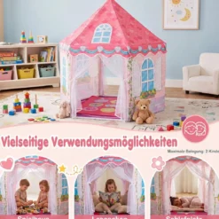 Kinderzelt im Prinzessinnenburg-Design für Kinder ab 3 jahren Spielzelt mit Vorhängen & Tanzmatte Rosa