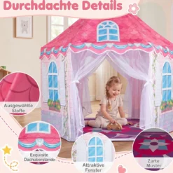 Kinderzelt im Prinzessinnenburg-Design für Kinder ab 3 jahren Spielzelt mit Vorhängen & Tanzmatte Rosa