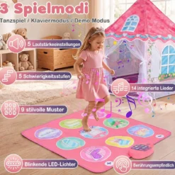 Kinderzelt im Prinzessinnenburg-Design für Kinder ab 3 jahren Spielzelt mit Vorhängen & Tanzmatte Rosa