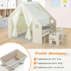 Kinderzelt mit Matte & Kindertisch & Stuhl & Aufbewahtungsbox Spielzelt Kinderspielhaus