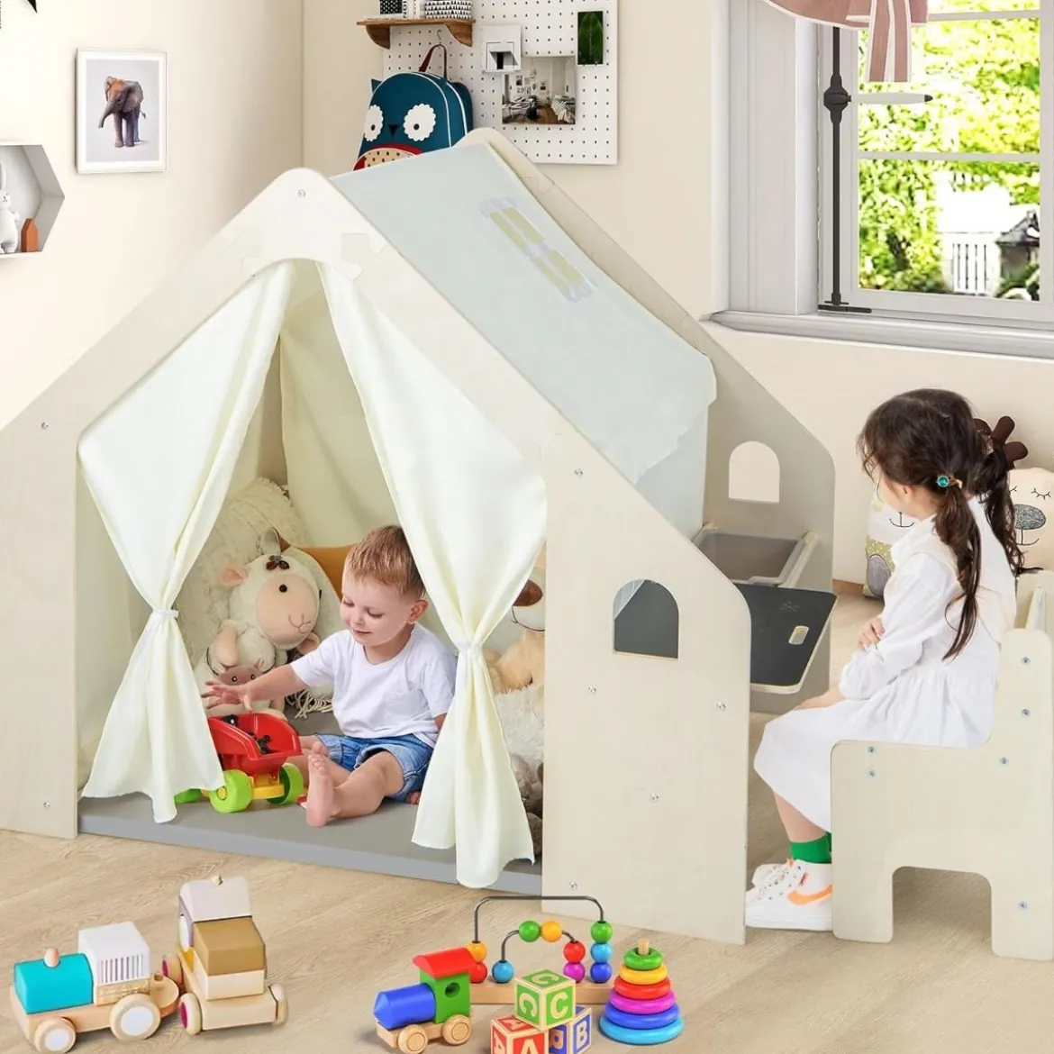 Kinderzelt mit Matte & Kindertisch & Stuhl & Aufbewahtungsbox Spielzelt Kinderspielhaus