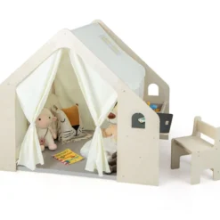 Kinderzelt mit Matte & Kindertisch & Stuhl & Aufbewahtungsbox Spielzelt Kinderspielhaus