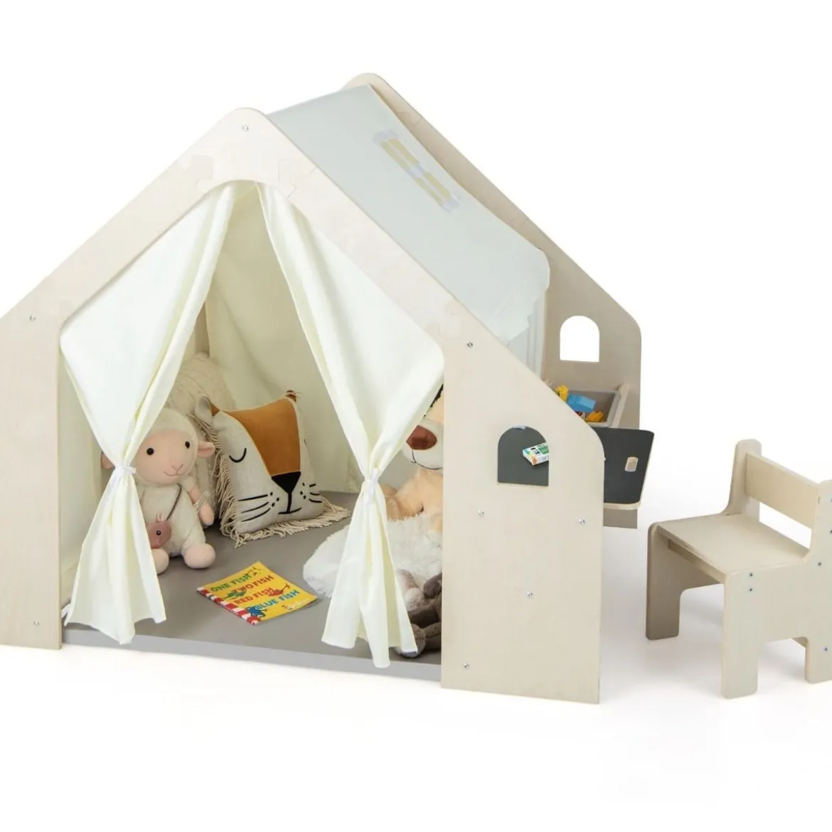 Kinderzelt mit Matte & Kindertisch & Stuhl & Aufbewahtungsbox Spielzelt Kinderspielhaus