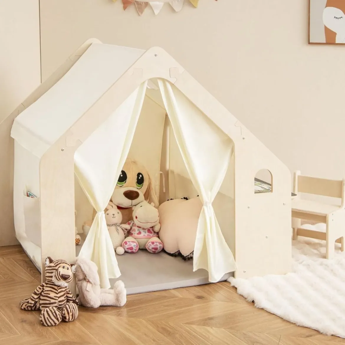 Kinderzelt mit Matte & Kindertisch & Stuhl & Aufbewahtungsbox Spielzelt Kinderspielhaus