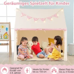 Kinderzelt mit Matte & Lichtern & Flaggenbanner & Fenstern Kinder Spielhaus Spielzelt Rosa
