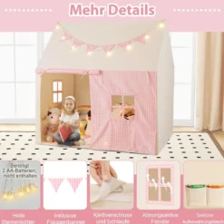 Kinderzelt mit Matte & Lichtern & Flaggenbanner & Fenstern Kinder Spielhaus Spielzelt Rosa
