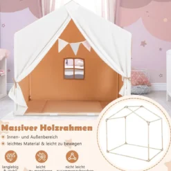 Kinderzelt mit waschbarer Baumwollmatte & Flaggenbanner Spielzelt mit Fenstern 131 x 91 x 131 cm Hellbraun