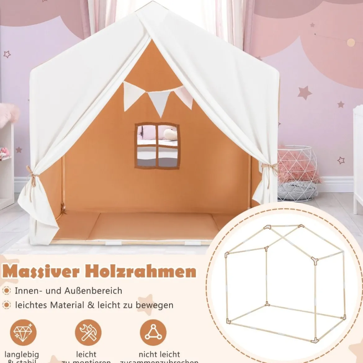 Kinderzelt mit waschbarer Baumwollmatte & Flaggenbanner Spielzelt mit Fenstern 131 x 91 x 131 cm Hellbraun