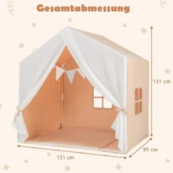 Kinderzelt mit waschbarer Baumwollmatte & Flaggenbanner Spielzelt mit Fenstern 131 x 91 x 131 cm Hellbraun