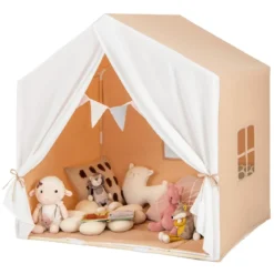 Kinderzelt mit waschbarer Baumwollmatte & Flaggenbanner Spielzelt mit Fenstern 131 x 91 x 131 cm Hellbraun