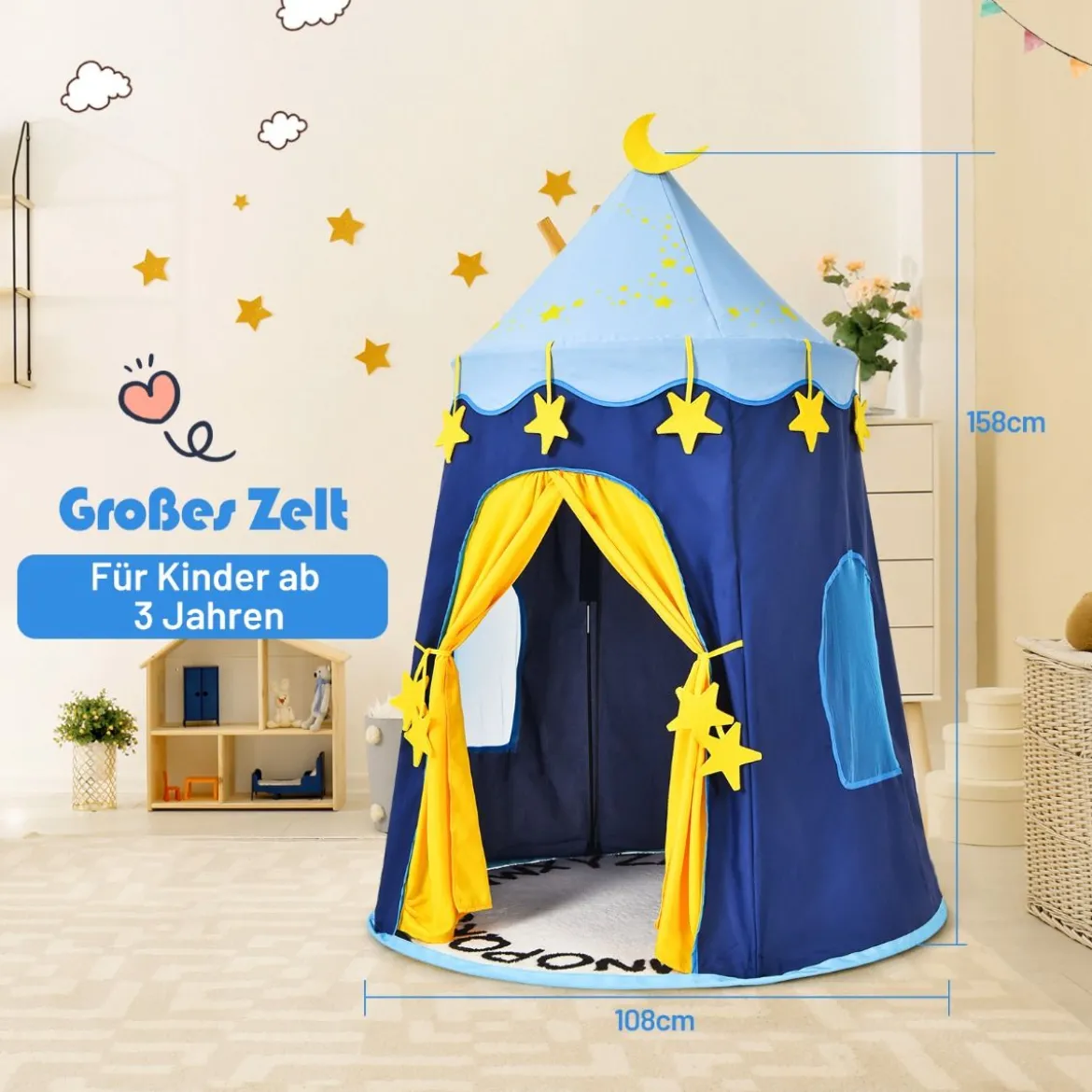 Kinderzelt Tragbares Spielzelt für Kinder 108 x 158 cm Blau