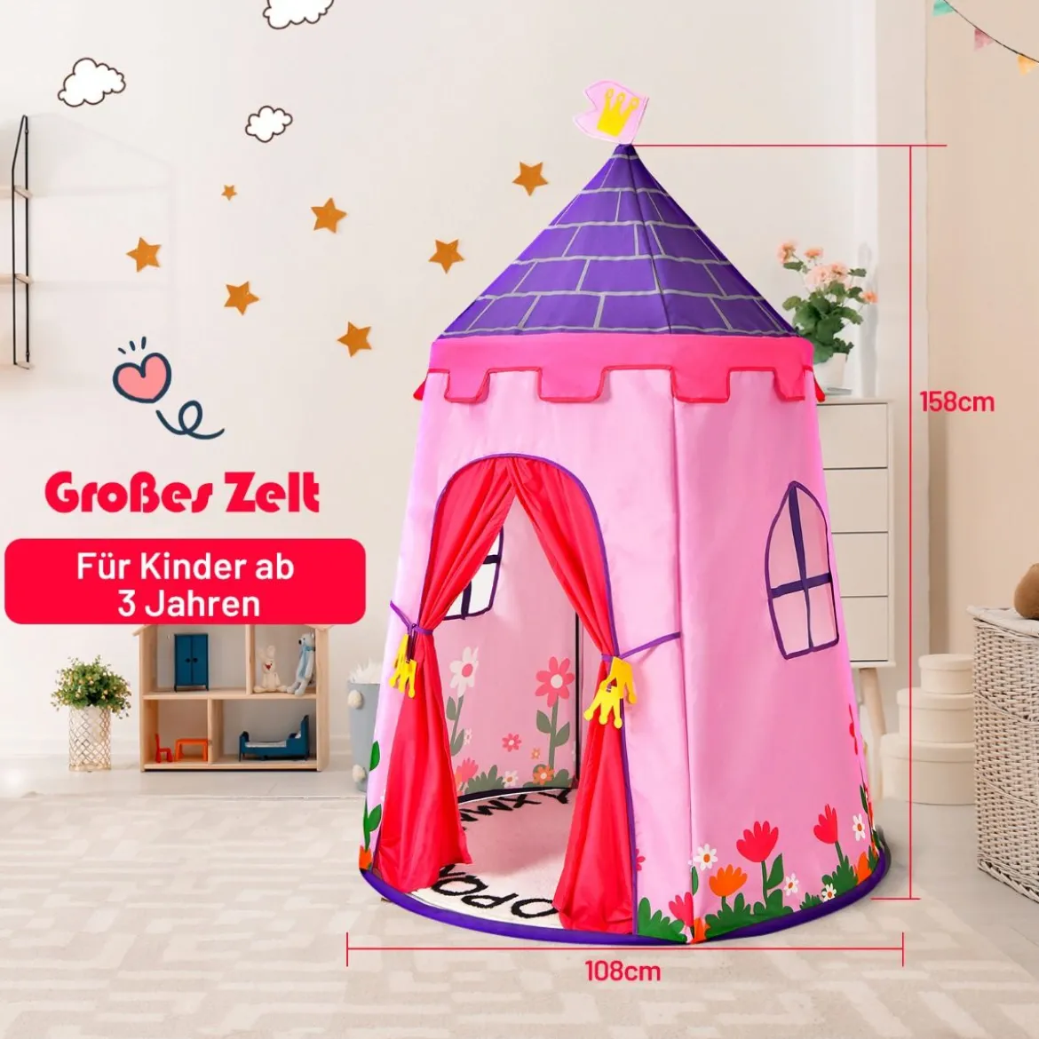 Kinderzelt Tragbares Spielzelt für Kinder 108 x 158 cm Rosa