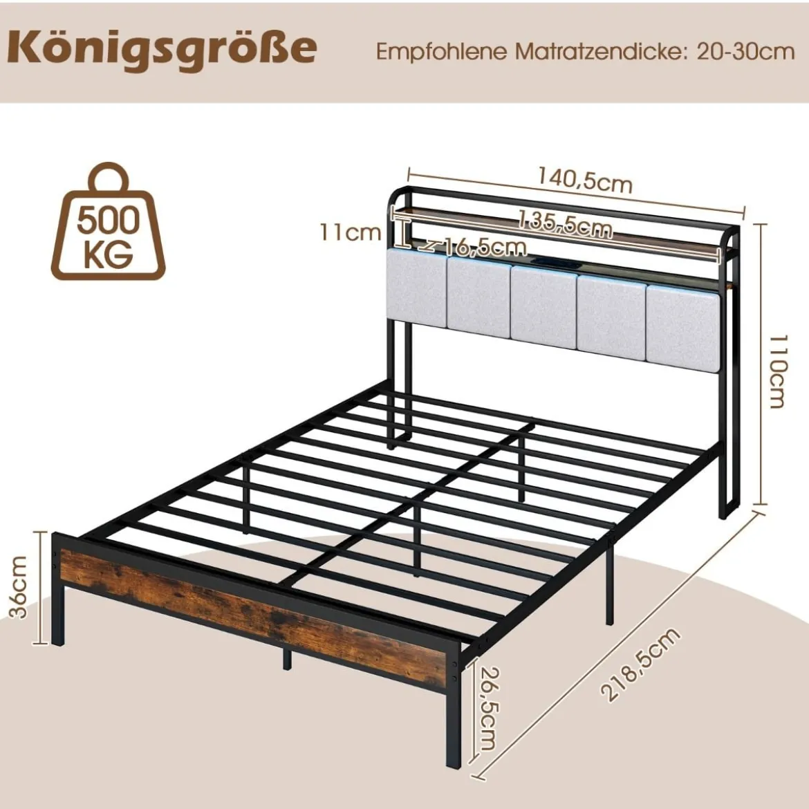 Kingsize Bettrahmen mit LED-Licht & Ladestation & Gepolstertem Kopfteil Metallgestell Bettgestell