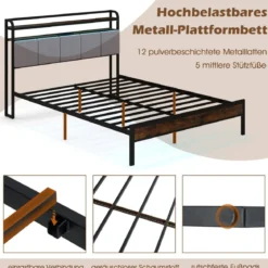 Kingsize Bettrahmen mit LED-Licht & Ladestation & Gepolstertem Kopfteil Metallgestell Bettgestell