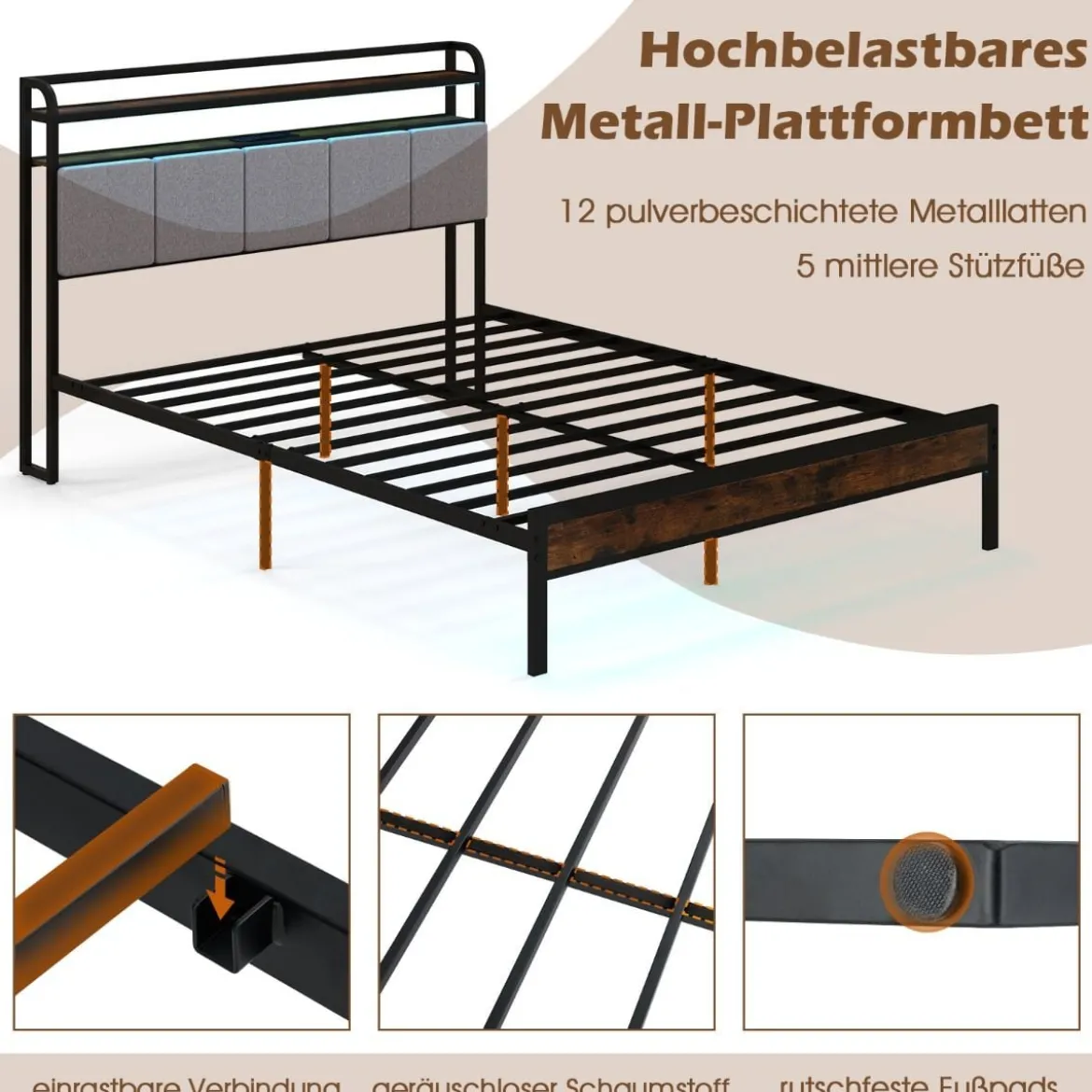 Kingsize Bettrahmen mit LED-Licht & Ladestation & Gepolstertem Kopfteil Metallgestell Bettgestell