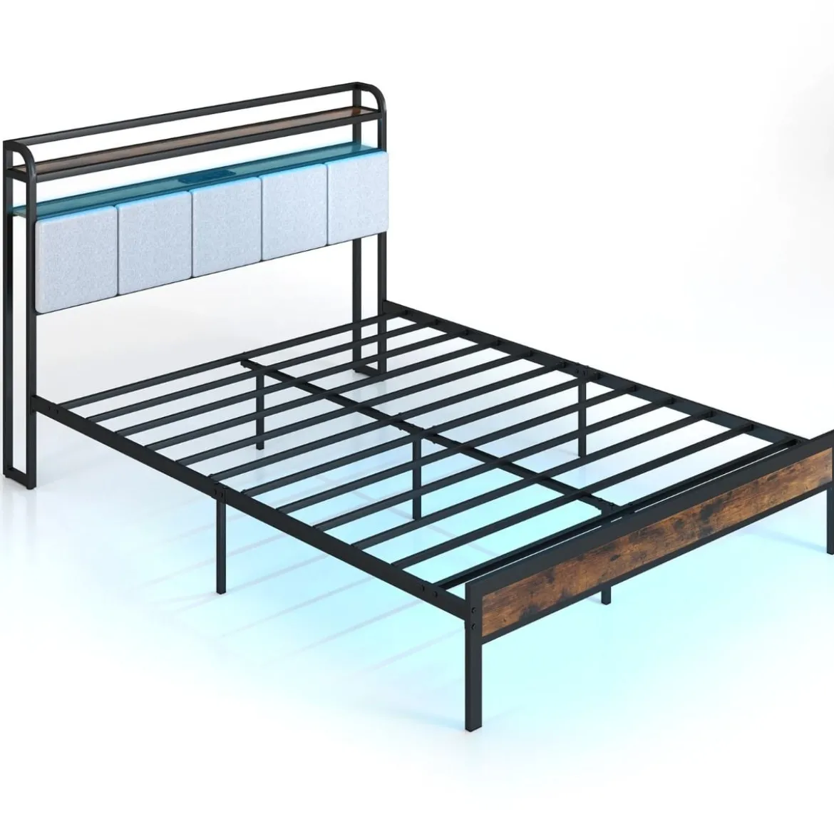 Kingsize Bettrahmen mit LED-Licht & Ladestation & Gepolstertem Kopfteil Metallgestell Bettgestell