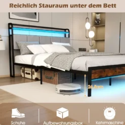Kingsize Bettrahmen mit LED-Licht & Ladestation & Gepolstertem Kopfteil Metallgestell Bettgestell