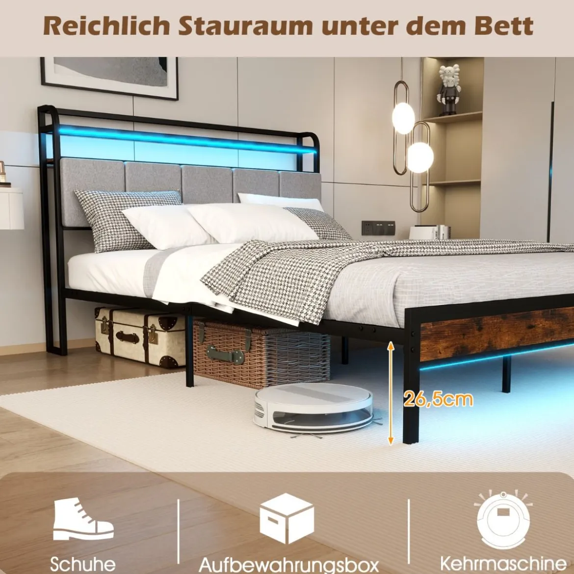 Kingsize Bettrahmen mit LED-Licht & Ladestation & Gepolstertem Kopfteil Metallgestell Bettgestell