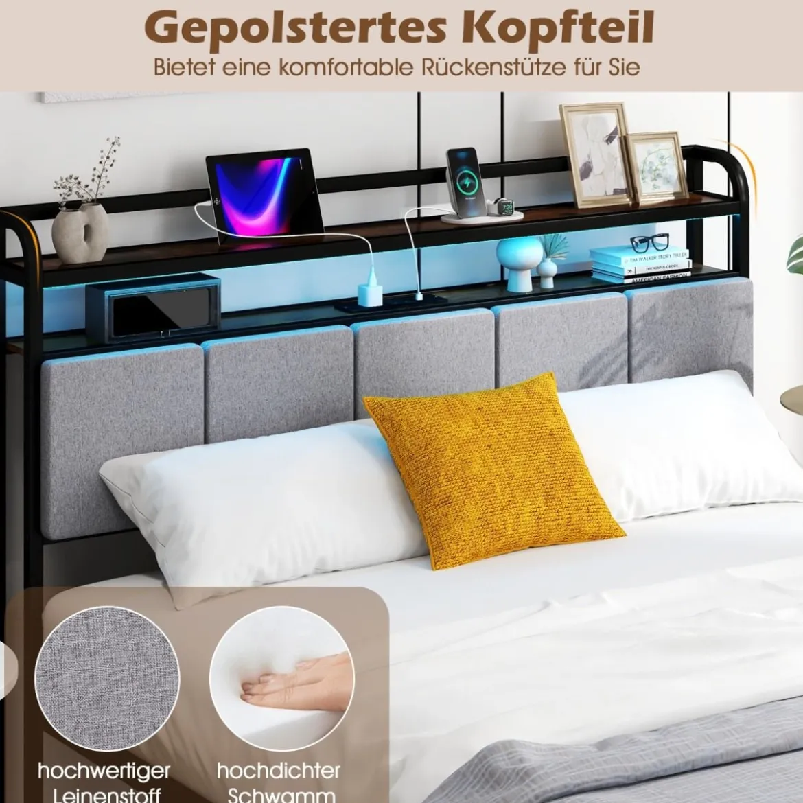 Kingsize Bettrahmen mit LED-Licht & Ladestation & Gepolstertem Kopfteil Metallgestell Bettgestell