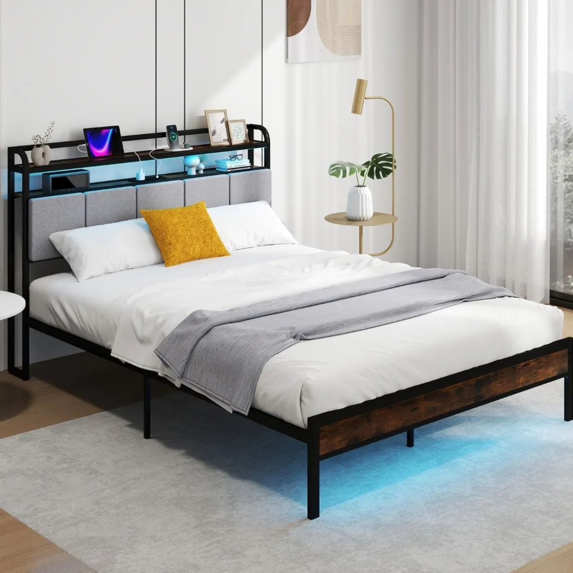 Kingsize Bettrahmen mit LED-Licht & Ladestation & Gepolstertem Kopfteil Metallgestell Bettgestell