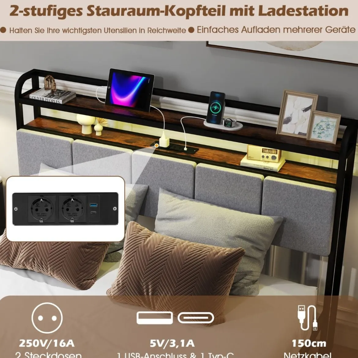 Kingsize Bettrahmen mit LED-Licht & Ladestation & Gepolstertem Kopfteil Metallgestell Bettgestell