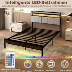 Kingsize Bettrahmen mit LED-Licht & Ladestation & Gepolstertem Kopfteil Metallgestell Bettgestell