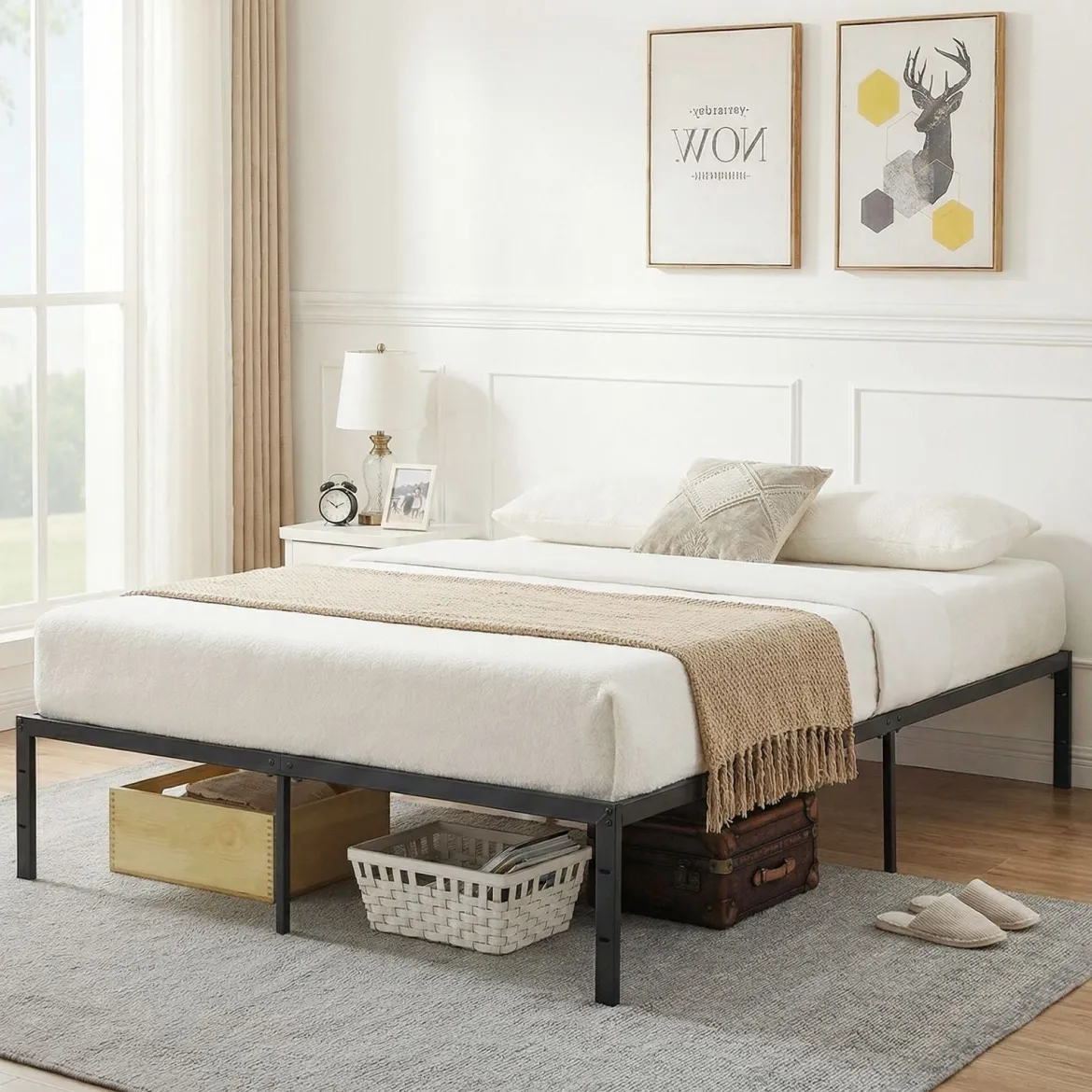 King Size Metall-Bettgestell Plattformbett mit Robusten Metalllatten Schwarz 200 x 160 cm