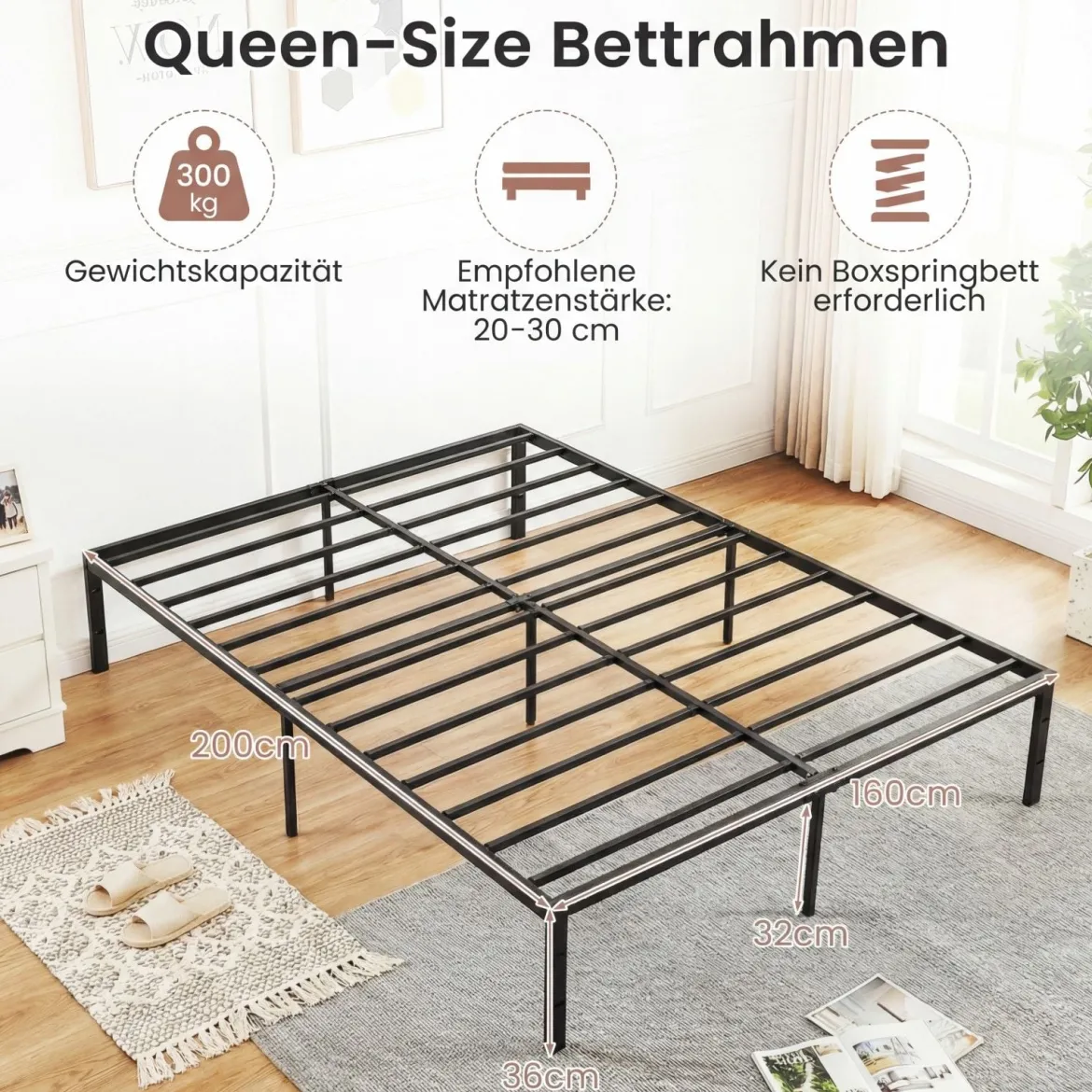 King Size Metall-Bettgestell Plattformbett mit Robusten Metalllatten Schwarz 200 x 160 cm