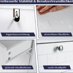 Kippbarer Wäscheschrank freistehender Badezimmerschrank mit Regal Schublade Weiß
