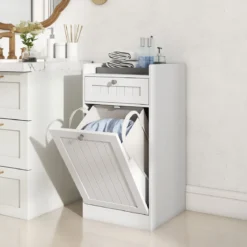 Kippbarer Wäscheschrank freistehender Badezimmerschrank mit Regal Schublade Weiß