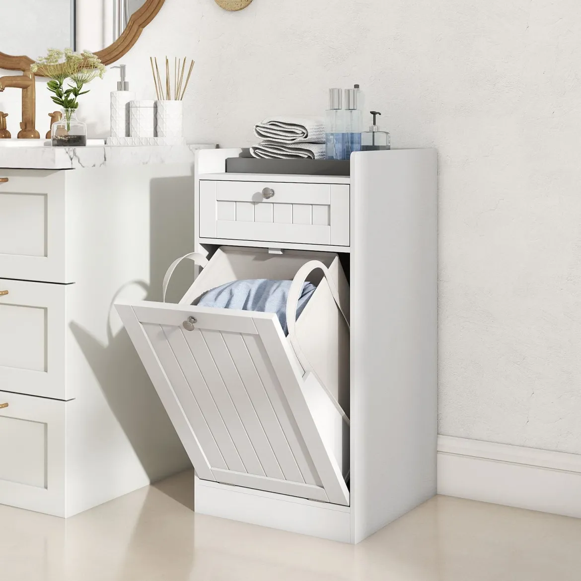 Kippbarer Wäscheschrank freistehender Badezimmerschrank mit Regal Schublade Weiß