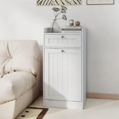 Kippbarer Wäscheschrank freistehender Badezimmerschrank mit Regal Schublade Weiß