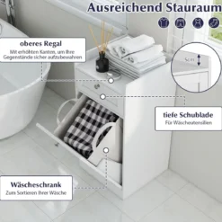 Kippbarer Wäscheschrank freistehender Badezimmerschrank mit Regal Schublade Weiß