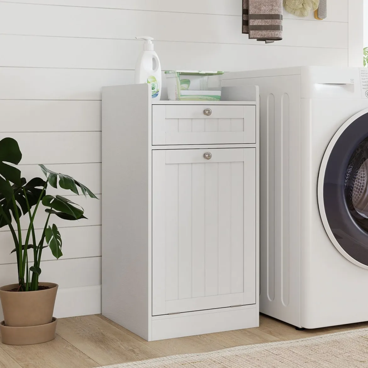 Kippbarer Wäscheschrank freistehender Badezimmerschrank mit Regal Schublade Weiß